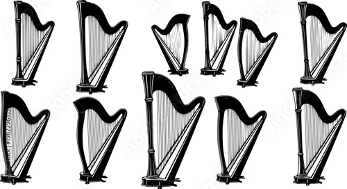 Collection of elegant classical harps depicted as black silhouettes, showcasing musical instruments with intricate, isolated on white background
