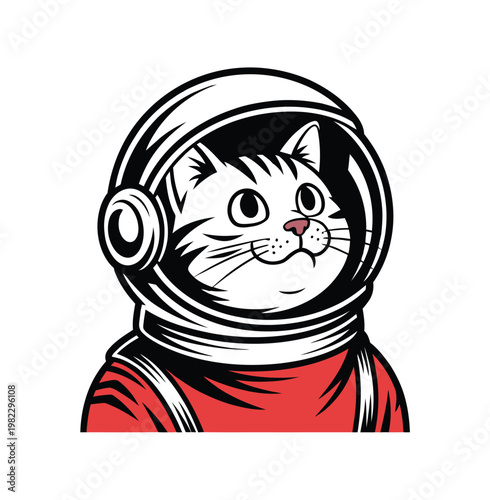 Cat astronaut wears a protective helmet.
