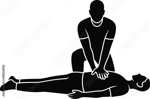 Person performing CPR lifesaving procedure on an unconscious patient silhouette