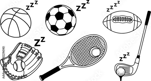 Detailed flat vector illustration showcasing a collection of various sleeping sports equipment, including a basketball,, isolated on white background

