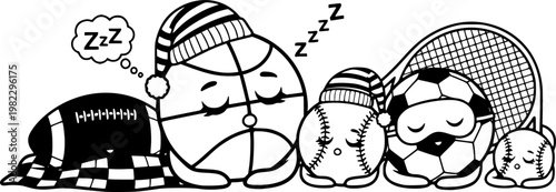 Detailed flat vector illustration showcasing a collection of various sleeping sports equipment, including a basketball,, isolated on white background
