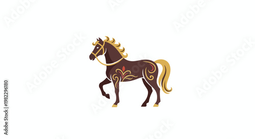 Illustration of a brown horse with gold and red decorative elements on its body and mane against a white background.