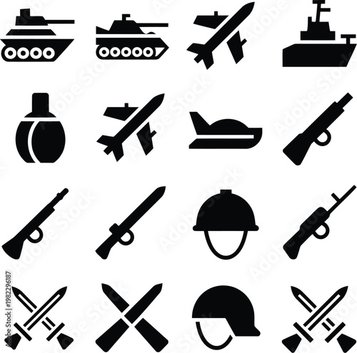 Military and war equipment icons set with tanks and weapons
