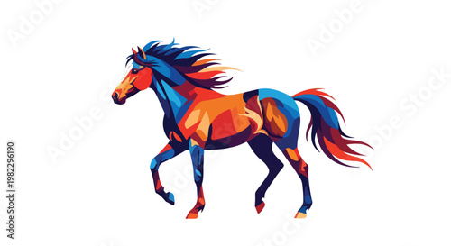 A colorful, stylized illustration of a horse in motion with vibrant orange, blue, and red hues against a clean white background.