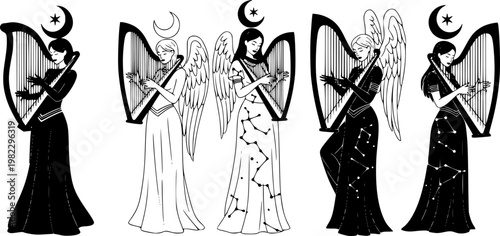 Elegant female figures playing mystical harps, some with angelic wings, crescent moons, or constellations, a flat, isolated on white background
