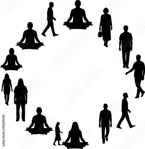 Flat vector illustration of diverse human silhouettes meditating in lotus pose, standing, and walking, framed by, isolated on white background
