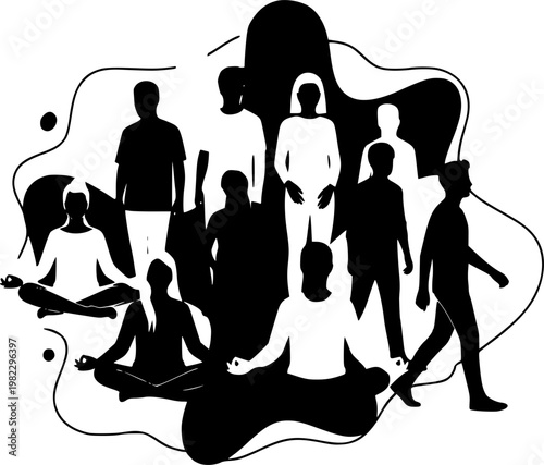 Flat vector illustration of diverse human silhouettes meditating in lotus pose, standing, and walking, framed by, isolated on white background
