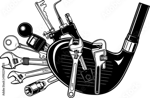 Flat vector illustration of a black golf club head holding diverse locksmith tools and mechanic wrenches, featuring a, isolated on white background

