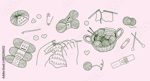 Knitting Doodle Illustration with Yarn and Needles on Pink Background.
