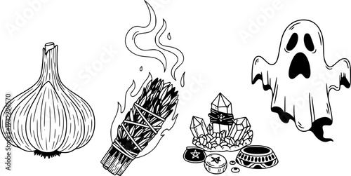 Flat vector illustration of mystical items: garlic, burning sage, spooky ghost, and ritualistic offerings, for, isolated on white background
