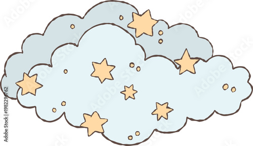 Soft fluffy cloud with small stars, drawn in a delicate doodle style. Gentle and dreamy illustration with a calm, elegant mood. Perfect for baby design, baptism, nursery decor, invitations