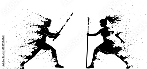 Black silhouettes of male and female figures dissolving into particles, holding swords and staffs, representing decay, isolated on white background
