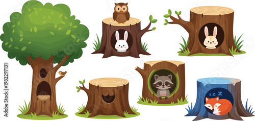 Cute forest tree stumps with animals inside, woodland habitat illustration, cartoon nature elements with owl rabbit raccoon and fox