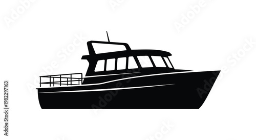 A stark black silhouette depicts a modern fishing boat or yacht on a white background