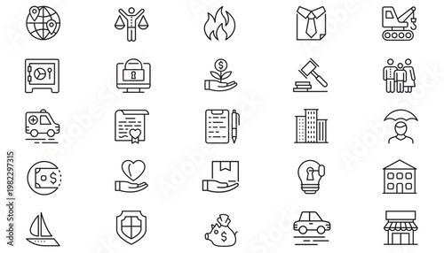 25 Minimalist Black Vector Icon Set Bundle featuring Business, Finance, Security, Construction, Healthcare, Law, Real Estate, Travel, and Logistics Symbols for Web, Apps, and Graphic Design Projects