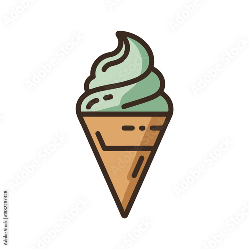 A colorful flat vector illustration of a mint flavored soft serve ice cream in a cone Vector