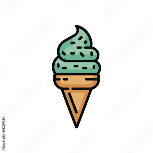 A colorful flat vector illustration of a mint flavored soft serve ice cream in a cone Vector