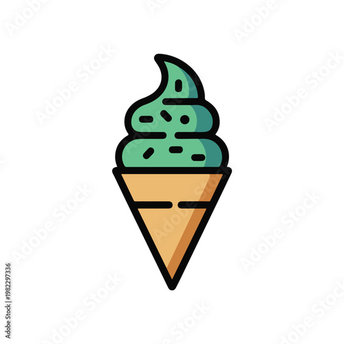 A colorful flat vector illustration of a mint flavored soft serve ice cream in a cone Vector