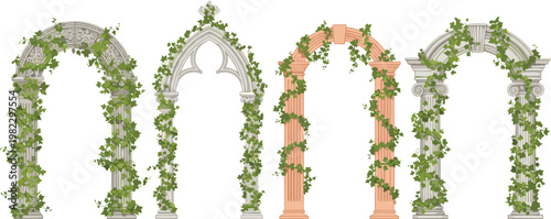Decorative garden arches with climbing ivy, classical stone and wooden archways, romantic outdoor architecture elements, vector illustration collection