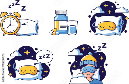Multiple cartoon illustrations depict various aspects of sleep, including alarm clocks.