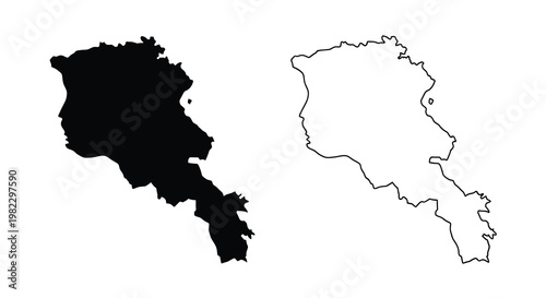 Two contrasting outlines of a country one solid black and the other white with a border