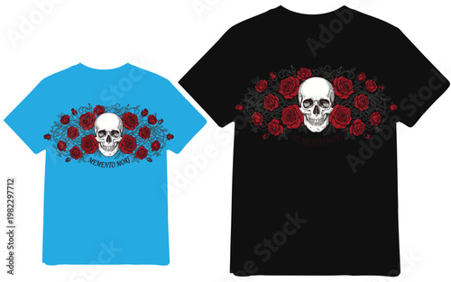 Memento Mori Skull Surrounded by Red Roses Gothic T-Shirt Design, Floral Skull Vector Illustration