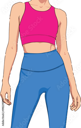 Woman wearing pink sports bra and blue leggings standing