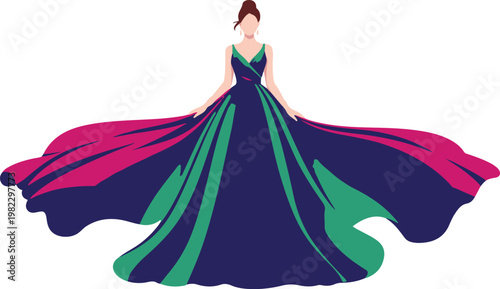 Woman wearing a green and pink evening gown illustration runs down