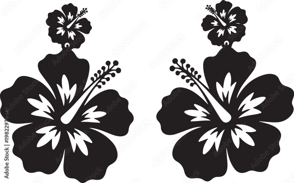 Obraz premium Black and white hibiscus flower icons, tropical floral silhouettes, vector graphics, 2 clip art illustrations