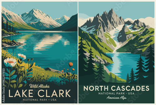 National parks USA retro posters with Alpine lakes reflect rugged peaks with vibrant flora. Pine trees frame serene waters under clear skies. Nature's grandeur invites peaceful exploration
