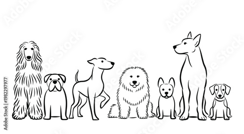 Collection of diverse dog breeds illustrated as a simple black line vector graphic