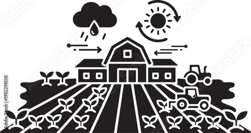 Agricultural, farm, weather, climate change, vector illustration, black and white, eco friendly, sustainable farming, tractor, barn, crops