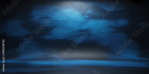 A dark blue stormy cloudscape hangs over the deep ocean waves as moonlight pierces through the abstract texture of the night sky and nature