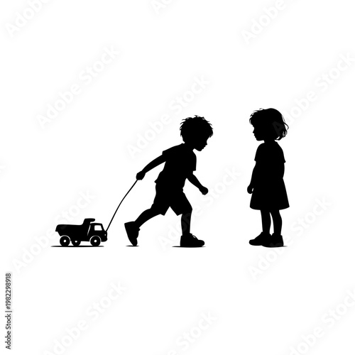 silhouette of children playing, kid pulling toy truck, sibling interaction