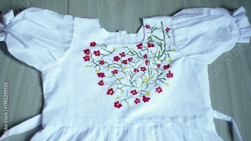 Traditional Bangladeshi hand-painted fabric on a child girl’s white gown with colorful folk art patterns, vibrant textile details, cultural fashion design, and artistic dress decoration.