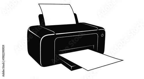 A black and white illustration depicts a modern inkjet printer with paper extended high quality professional