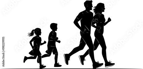 Running family silhouettes, fitness activity, healthy lifestyle, parent and child jogging, black vector art, outdoor exercise, bonding momentRunning family silhouettes 
