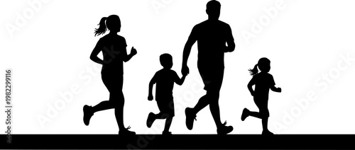 Running family silhouettes, fitness activity, healthy lifestyle, parent and child jogging, black vector art, outdoor exercise, bonding momentRunning family silhouettes 
