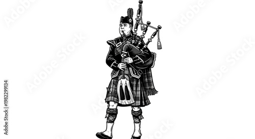 Traditional Scottish bagpiper musician in kilt, cultural heritage performance, bagpipes music, Highland attire, Celtic festival celebration, marching band parade illustration 

