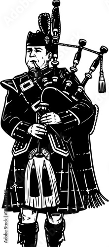 Traditional Scottish bagpiper musician in kilt, cultural heritage performance, bagpipes music, Highland attire, Celtic festival celebration, marching band parade illustration 
