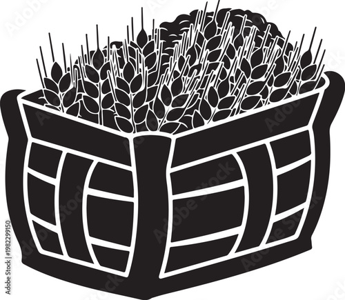 Black and white vector wheat sheaf in basket, agricultural icon, harvest illustration, farm symbol