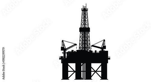 A stark silhouette depicts a black oil derrick and platform against a clean white background