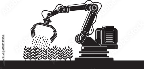 Industrial robotic arm, robotic assembly, manufacturing automation, black and white vector