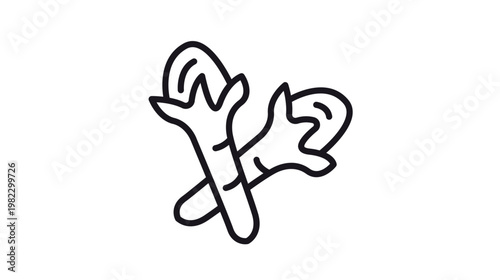Minimalist black line art vector icon of two dried cloves, aromatic spice illustration for cooking, seasoning, and herbal medicine concepts, isolated on a white background for graphic design.