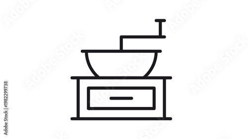 Manual Coffee Grinder Vector Icon: Minimalist Black Line Art Illustration of a Vintage Coffee Mill with Handle and Drawer, Scalable Graphic for Cafe Branding and Kitchenware Design