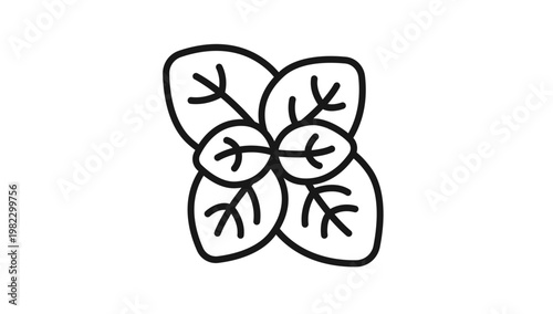 Fresh basil or mint leaves cluster black line art vector icon illustration, minimalist outline symbol for culinary, cooking, gardening, healthy lifestyle, and organic food graphic design projects