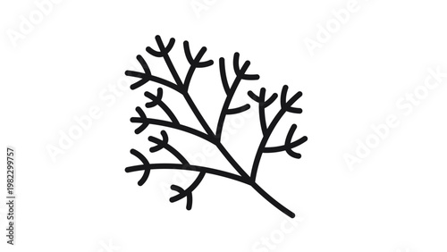 Minimalist black vector icon of a delicate fresh dill sprig or fennel branch, isolated on white. Scalable line art illustration of a culinary herb, ideal for food, cooking, and organic branding.