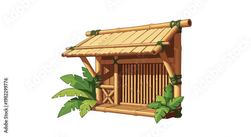 Digital illustration of a wooden hut with a slanted roof and green foliage against a white background.