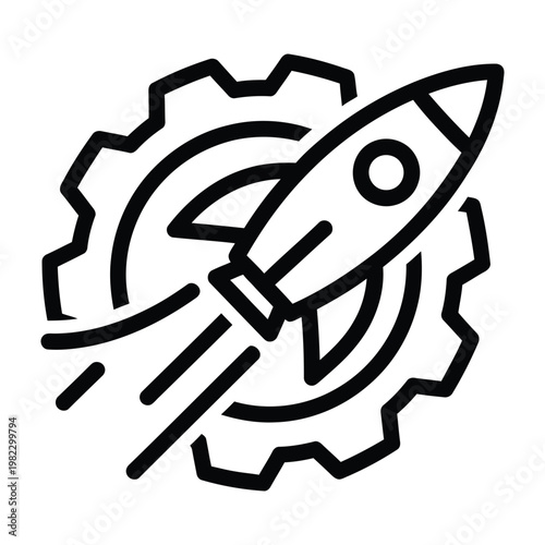 Rocket launching from gear icon representing startup business innovation and rapid development with line art, innovation