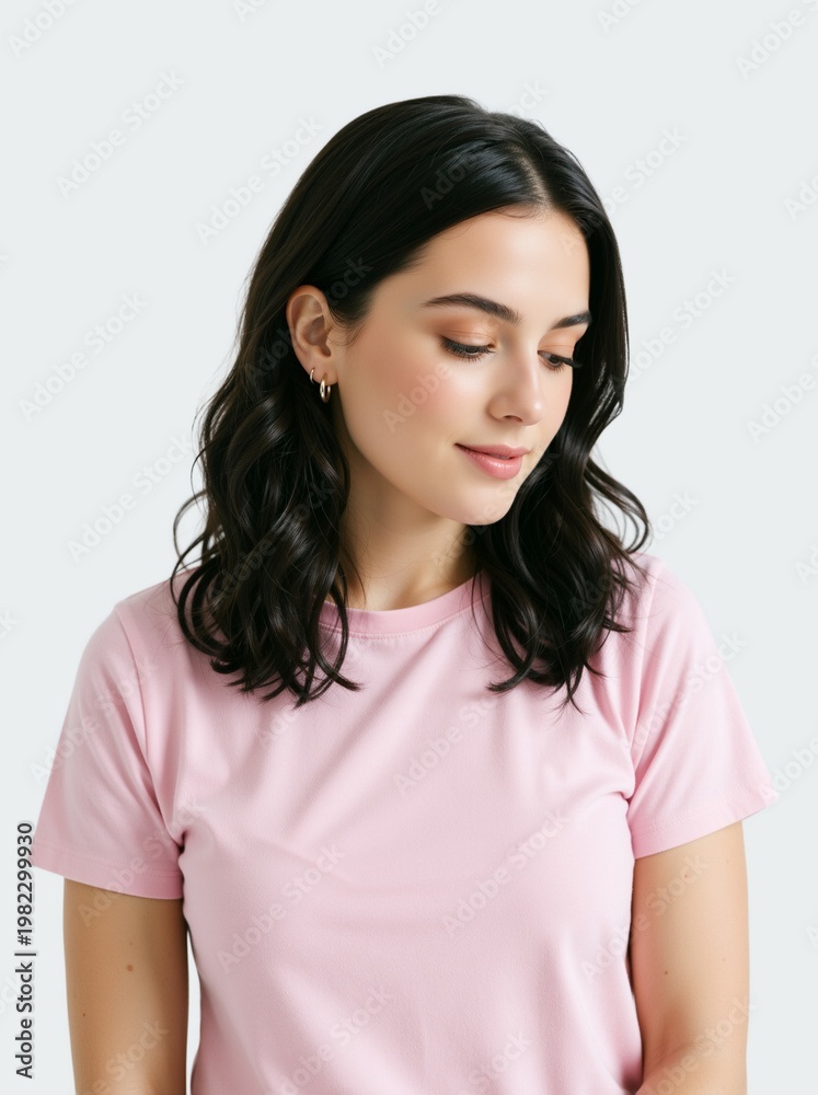 Fototapeta premium Vertical portrait of a young woman looking down with a gentle smile. Casual female in a pink t-shirt against a clean studio background